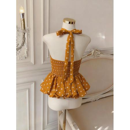 波点挂脖吊带背心纯欲辣妹花苞蓬蓬抹胸泰式绝美上衣 服裝批發女裝批發服飾貨源