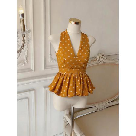 波点挂脖吊带背心纯欲辣妹花苞蓬蓬抹胸泰式绝美上衣 服裝批發女裝批發服飾貨源