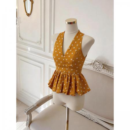 波点挂脖吊带背心纯欲辣妹花苞蓬蓬抹胸泰式绝美上衣 服裝批發女裝批發服飾貨源