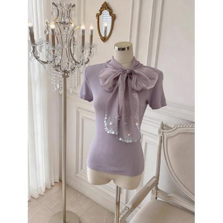 BY17552# 法式设计感缎面蝴蝶结系带短袖针织衫气质温柔上衣 服裝批發女裝批發服飾貨源