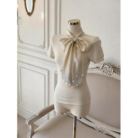 BY17552# 法式设计感缎面蝴蝶结系带短袖针织衫气质温柔上衣 服裝批發女裝批發服飾貨源