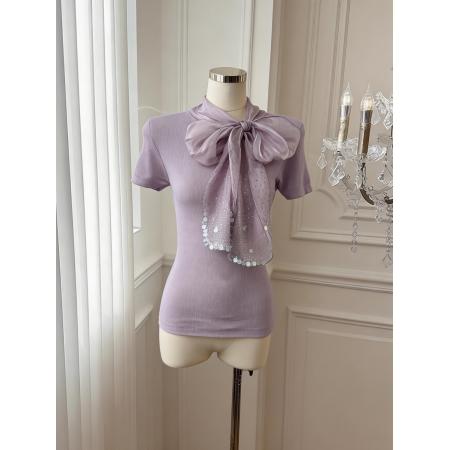 BY17552# 法式设计感缎面蝴蝶结系带短袖针织衫气质温柔上衣 服裝批發女裝批發服飾貨源