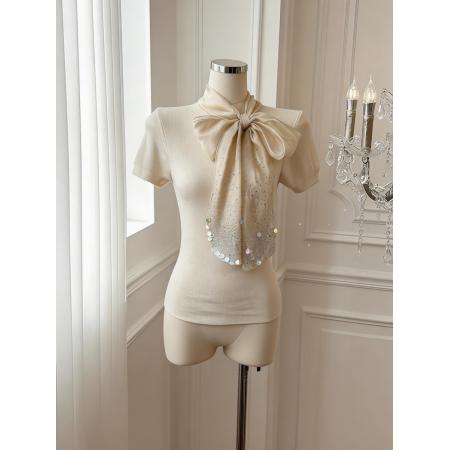 BY17552# 法式设计感缎面蝴蝶结系带短袖针织衫气质温柔上衣 服裝批發女裝批發服飾貨源