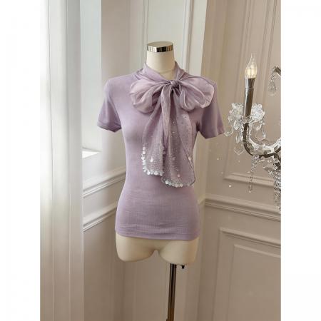 BY17552# 法式设计感缎面蝴蝶结系带短袖针织衫气质温柔上衣 服裝批發女裝批發服飾貨源