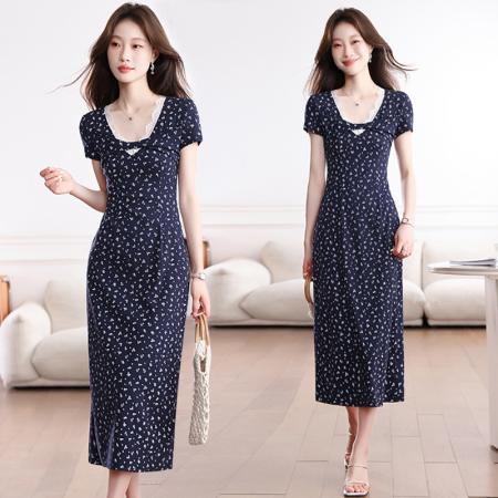 BY17554# 法式连衣裙女夏新款碎花气质显瘦蓝色a字长裙蕾丝裙子 服裝批發女裝批發服飾貨源
