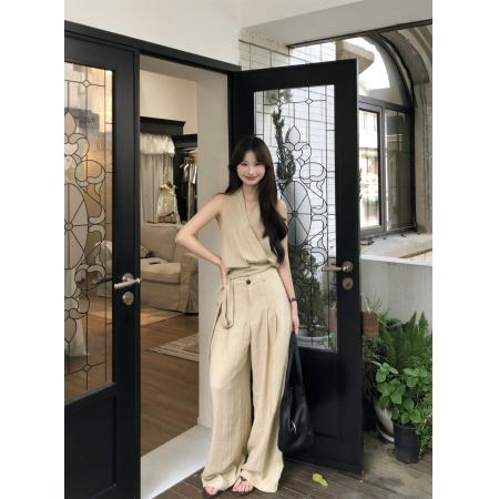 法式气质设计感挂脖系带背心+垂感宽松阔腿裤两件套装 服裝批發女裝批發服飾貨源