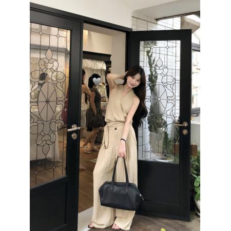 法式气质设计感挂脖系带背心+垂感宽松阔腿裤两件套装 服裝批發女裝批發服飾貨源
