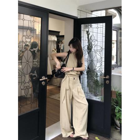 法式气质设计感挂脖系带背心+垂感宽松阔腿裤两件套装 服裝批發女裝批發服飾貨源