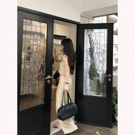 法式气质设计感挂脖系带背心+垂感宽松阔腿裤两件套装 服裝批發女裝批發服飾貨源