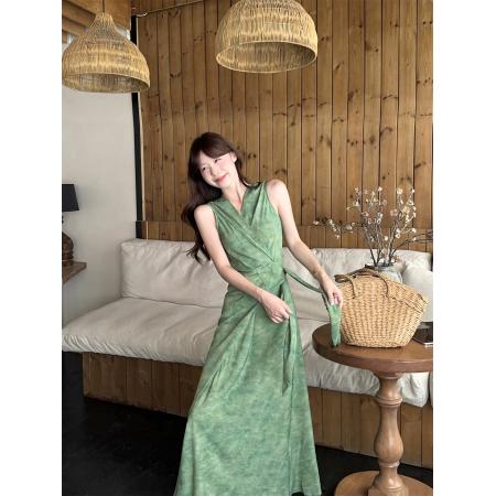 BY17558# 法式度假风V领设计感系带收腰无袖背心连衣裙 服裝批發女裝批發服飾貨源