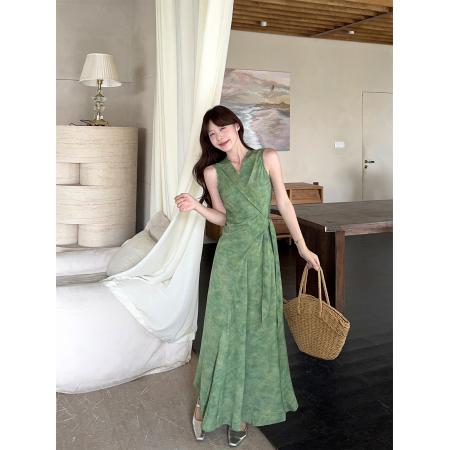 BY17558# 法式度假风V领设计感系带收腰无袖背心连衣裙 服裝批發女裝批發服飾貨源