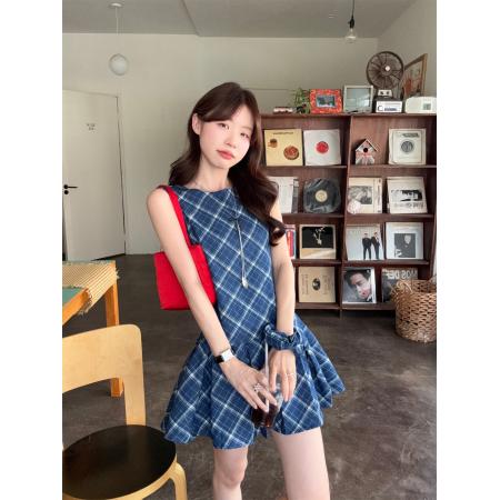 BY17560# 甜美小个子洗水牛仔菱格无袖背心连衣裙 服裝批發女裝批發服飾貨源