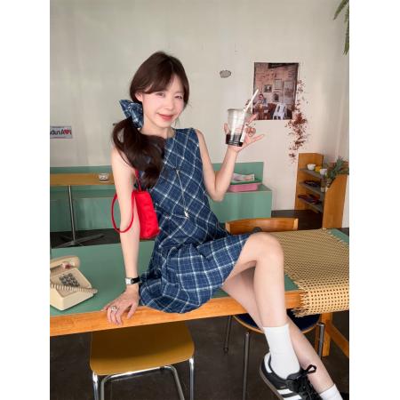 BY17560# 甜美小个子洗水牛仔菱格无袖背心连衣裙 服裝批發女裝批發服飾貨源