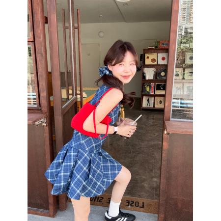 BY17560# 甜美小个子洗水牛仔菱格无袖背心连衣裙 服裝批發女裝批發服飾貨源