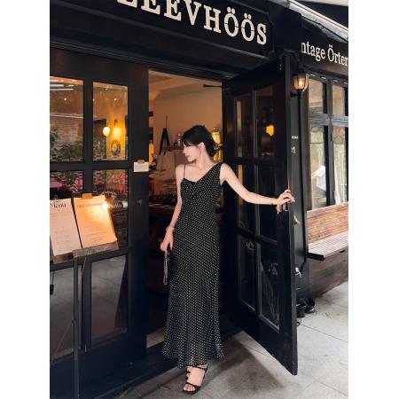 BY17562# 法式赫本风设计感露背吊带圆点系带连衣裙 服裝批發女裝批發服飾貨源
