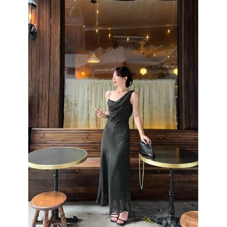 BY17562# 法式赫本风设计感露背吊带圆点系带连衣裙 服裝批發女裝批發服飾貨源