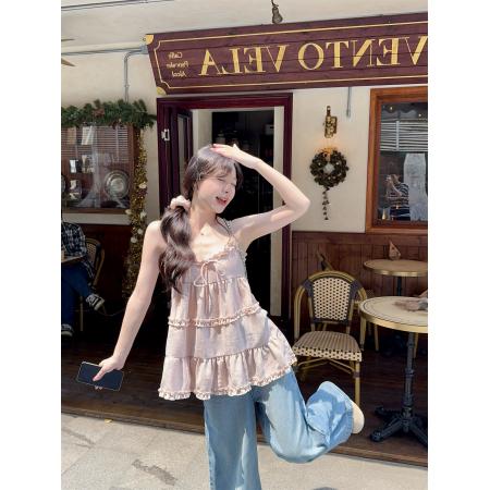 纯欲甜美粉色木耳边拼接吊带背心叠穿上衣 服裝批發女裝批發服飾貨源
