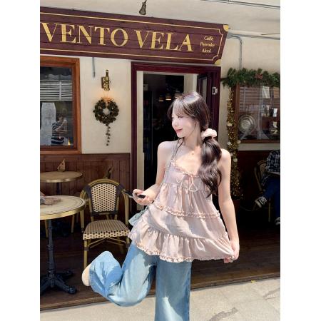 BY17563# 纯欲甜美粉色木耳边拼接吊带背心叠穿上衣 服裝批發女裝批發服飾貨源