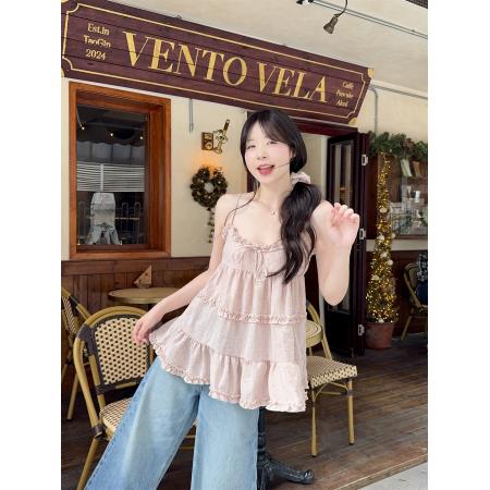 BY17563# 纯欲甜美粉色木耳边拼接吊带背心叠穿上衣 服裝批發女裝批發服飾貨源