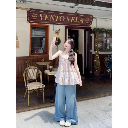 BY17563# 纯欲甜美粉色木耳边拼接吊带背心叠穿上衣 服裝批發女裝批發服飾貨源