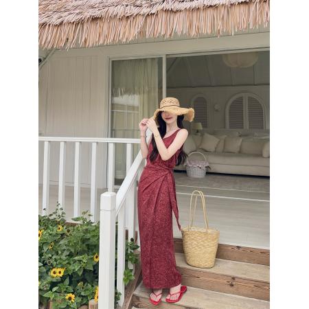 BY17564# 复古度假风别致收腰系带小碎花无袖背心连衣裙 服裝批發女裝批發服飾貨源