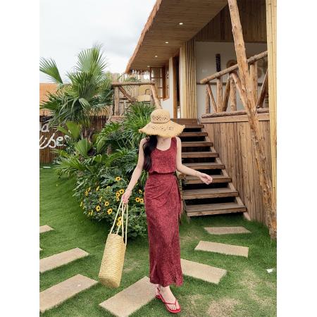 BY17564# 复古度假风别致收腰系带小碎花无袖背心连衣裙 服裝批發女裝批發服飾貨源