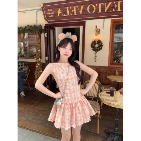 BY17565# 甜美盐系小个子少女格子显瘦无袖背心连衣裙 服裝批發女裝批發服飾貨源