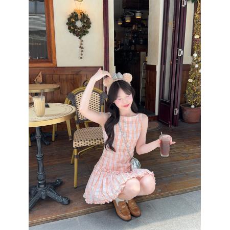 BY17565# 甜美盐系小个子少女格子显瘦无袖背心连衣裙 服裝批發女裝批發服飾貨源