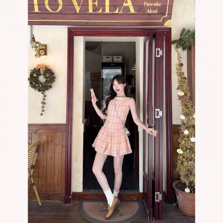 BY17565# 甜美盐系小个子少女格子显瘦无袖背心连衣裙 服裝批發女裝批發服飾貨源