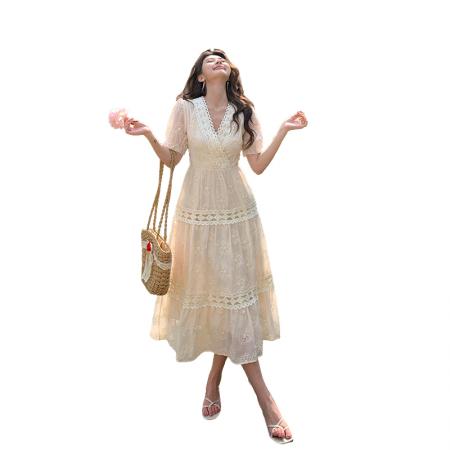 BY17566# 夏季新款法式时尚刺绣拼接V领短袖收腰显瘦连衣裙 服裝批發女裝批發服飾貨源