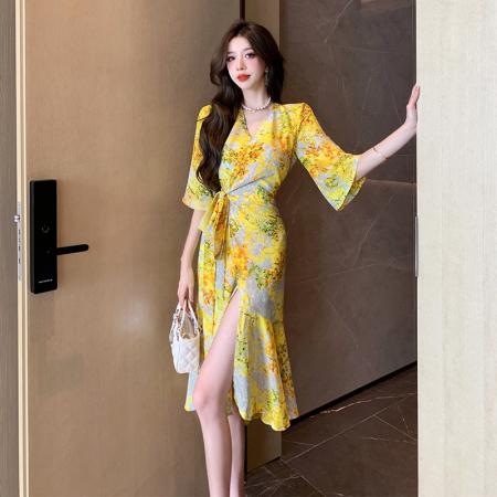 BY17567# 名媛性感印花修身度假风长裙法式连衣裙有里布版型正退货少 服裝批發女裝批發服飾貨源