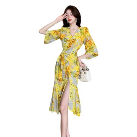 BY17567# 名媛性感印花修身度假风长裙法式连衣裙有里布版型正退货少 服裝批發女裝批發服飾貨源