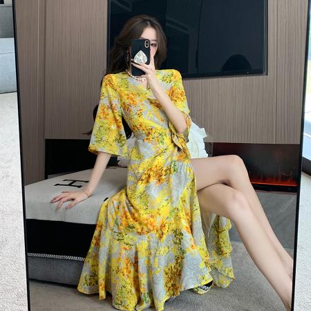 BY17567# 名媛性感印花修身度假风长裙法式连衣裙有里布版型正退货少 服裝批發女裝批發服飾貨源