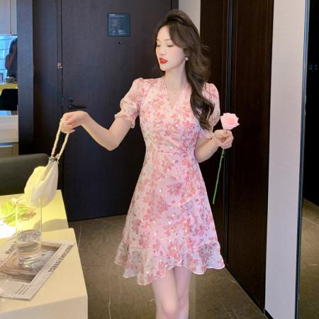 夏新款碎花烫金V领雪纺鱼尾连衣...