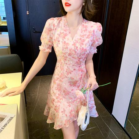 BY17568# 夏新款碎花烫金V领雪纺鱼尾连衣裙送防走光胸针 服裝批發女裝批發服飾貨源