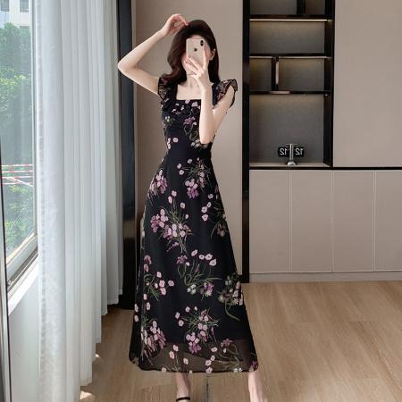 BY17569# 十三行品质荷叶领中长款植物花卉小众设计连衣裙夏季度假长裙9208 服裝批發女裝批發服飾貨源