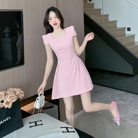 BY17570# 新款时尚黑色气质显瘦收腰方领小个子短袖遮肉连衣裙短裙 服裝批發女裝批發服飾貨源