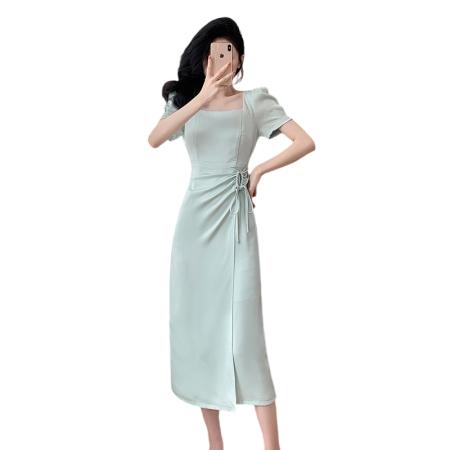 BY17572# 名媛气质缎面连衣裙夏季新款高级感方领泡泡袖系带收腰中长裙 服裝批發女裝批發服飾貨源