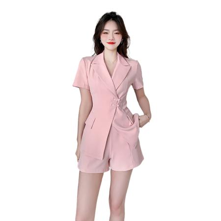 BY17574# 夏季高级感小洋装韩剧小个子名媛小香风粉色西装短裤两件套装 服裝批發女裝批發服飾貨源