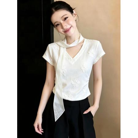 夏设计感立体花朵飘带拼接短袖衬衫女韩版显瘦小衫精致 服裝批發女裝批發服飾貨源