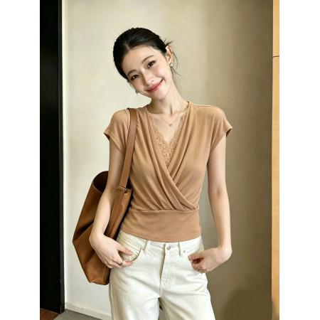 BY17577# 十三行春夏新款浪漫花蕾丝拼接v领交叉收褶小衫 服裝批發女裝批發服飾貨源