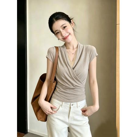 BY17577# 十三行春夏新款浪漫花蕾丝拼接v领交叉收褶小衫 服裝批發女裝批發服飾貨源