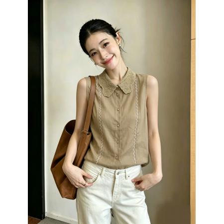 欧货时髦翻领刺绣花边女装单排扣宽松无袖背心衬衫夏季新款 服裝批發女裝批發服飾貨源