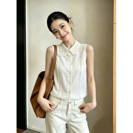 欧货时髦翻领刺绣花边女装单排扣宽松无袖背心衬衫夏季新款 服裝批發女裝批發服飾貨源