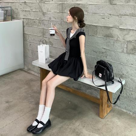 BY17582# 高级感黑色连衣裙女夏季新款法式气质巨好看春秋a字花苞短裙 服裝批發女裝批發服飾貨源