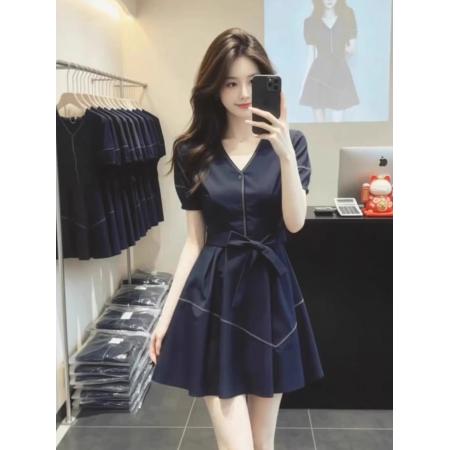 BY17583# 蓝色v领收腰短袖连衣裙夏季新款夏装高级感短裙法式裙子女装 服裝批發女裝批發服飾貨源