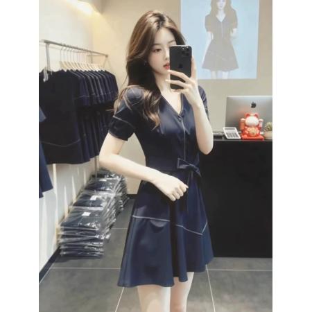 BY17583# 蓝色v领收腰短袖连衣裙夏季新款夏装高级感短裙法式裙子女装 服裝批發女裝批發服飾貨源