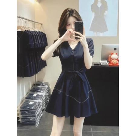 BY17583# 蓝色v领收腰短袖连衣裙夏季新款夏装高级感短裙法式裙子女装 服裝批發女裝批發服飾貨源