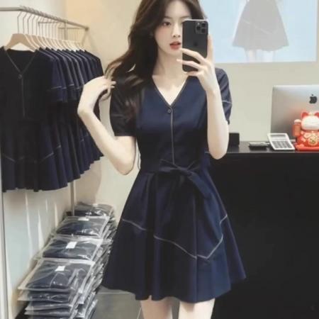 BY17583# 蓝色v领收腰短袖连衣裙夏季新款夏装高级感短裙法式裙子女装 服裝批發女裝批發服飾貨源