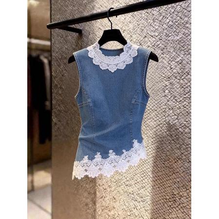 新中式拼接设计夏新款时尚穿搭高级感休闲超好看无袖牛仔背心 服裝批發女裝批發服飾貨源